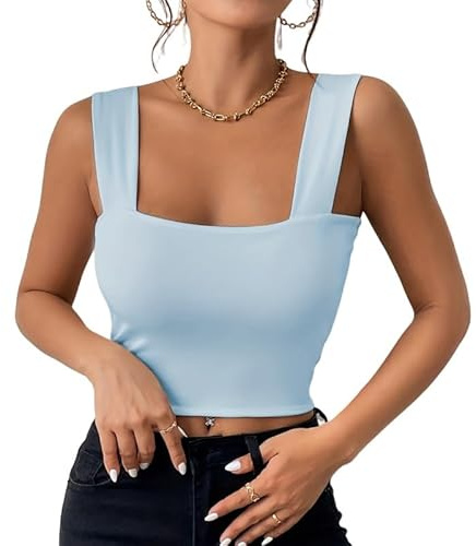 Haibang Camiseta sin Mangas Mujer Verano Sexy Crop Top Ajustado Cuello Cuadrado Camisetas Tirantes Elegantes Tank Tops Básica Chalecos Top Lencero Doble Forro Moda Casual Streetwear