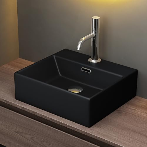 Mai & Mai Waschbecken Aufsatzwaschbecken 40 cm Wandmontage Schwarz | Hängewaschbecken aus keramik mit Nano Waschtisch Bad für Badezimmer, Gäste WC