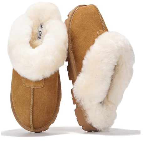 Project Cloud 100% Genuine Leather & Australian Shearling Slippers for Women - Cozy Memory Foam Women's Slippers (Hedy, Chestnut, 6)