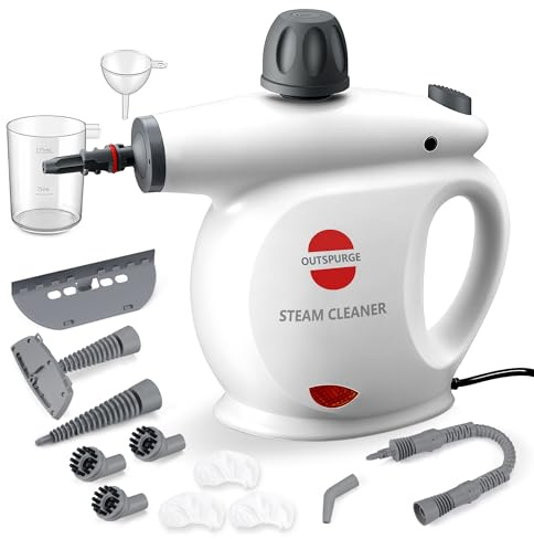 Outspurge Handheld Steam Cleaner, Pressurized Multi-Surface Steam Shot with 13 Accessories, Safety Lock, Steamer for Cleaning Floor, Upholstery, Grout, Windows, Couch and Car, White