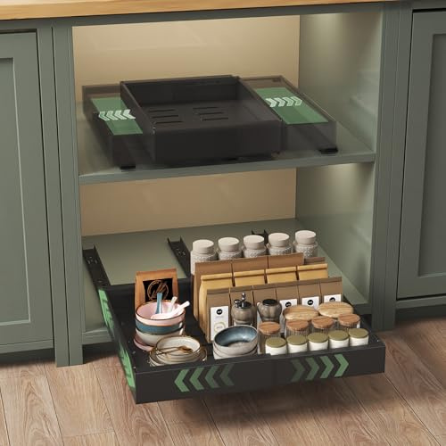 NETEL Lot de 2 tiroir coulissant cuisine extensible，plateau coulissant placard，tiroirs télescopiques，32-52cm Largeur, 42cm Profondeur,Fixation Autocollante ou par Vis,Noir