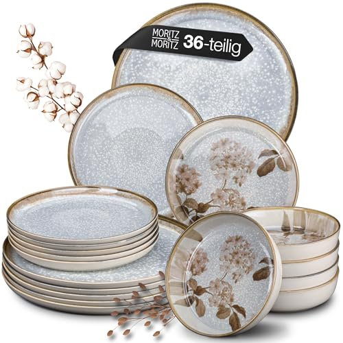 Moritz & Moritz BLOSSOM 36-teiliges Geschirrset 12 Personen - Elegantes Teller Set aus hochwertigem Porzellan mit floralem Design - Geschirr Set aus je 12x Dinnerteller, Dessertteller, Suppenteller