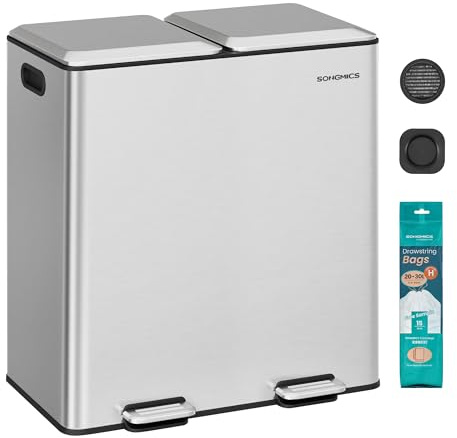 SONGMICS Kitchen Bin, 2 x 8 Gallon (2 x 30 L) Double Rubbish Bin for Waste and Recycling, with Soft-Close Lids, Removable Inner Buckets, Pedals, Stainless Steel, Metallic Silver LTB743E01