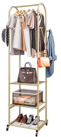 SUOERNUO Clothes Rack With Wheels and 3-Tier Metal Shelves,Clothing Rack For Hanging Clothes With 4 Hooks,Garment Rack Wardrobe Organizer for Small Space,Black (gold, 16.54 * 18.23 * 72.05)