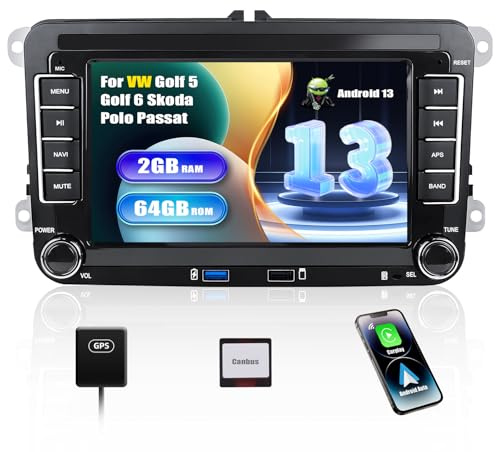 SIXWIN 2+64G Android 13 Autoradio con CarPlay/Android Auto per VW Golf 5 Golf 6 Polo Passat Tiguan Seat Touran, 7 Pollici Schermo Navigatore con WiFi Bluetooth RDS FM EQ 2USB Controllo del Volante