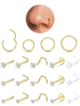 Kabwea 19 piezas de pendientes de nariz de oro llenado de 14K 18G para mujeres y hombres, piercing nasal, piercing Helix, pendientes de nariz