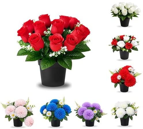 AMERISE 25 cm Artificial Grave Flower Pot – 12-Head Red Rosebud & Gypsophila Cemetery Memorial Pot for Outdoor Headstones, UV-Resistant Faux Funeral Flowers, Grave Decoration for Christmas