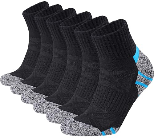 Stoeury Calcetines Cortos Hombre 6 Pares, Calcetines Hombre Tobilleros de Deporte con Algodón - Diseño Acolchado Anti-Ampollas, Soporte de Arco y Cuidado Anti-Fricción para Running y Tenis 43-46 Negro