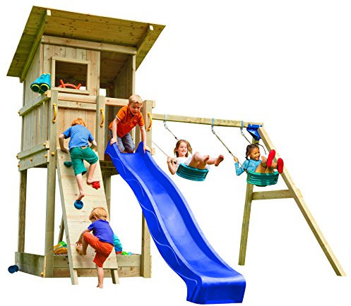 Blue Rabbit 2.0 Spielturm BEACH HUT mit Rutsche 2,30 m oder 2,90 m inkl. Wasseranschluss, Kletterwand mit Klettersteinen, Doppelschaukel - Kletterturm, Stelzenhaus