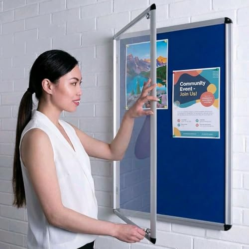 Wonderwall Tamperproof Lockable Felt Noticeboard, Blue, 90 x 60 cm, 2 Locks | Indoor Wall-mounted Display Pinboard with Aluminium Frame and Safety Locks - Ideal for For School, Office Display