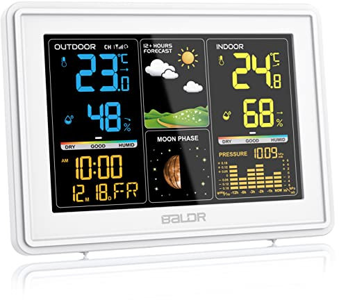 BALDR Wetterstation Funk mit Außensensor, Digital Farbdisplay DCF-Funkuhr Innen und Außen Thermometer Hygrometer, Funkwetterstation mit Wettervorhersage, Barometer und Mondphase, Netzteil