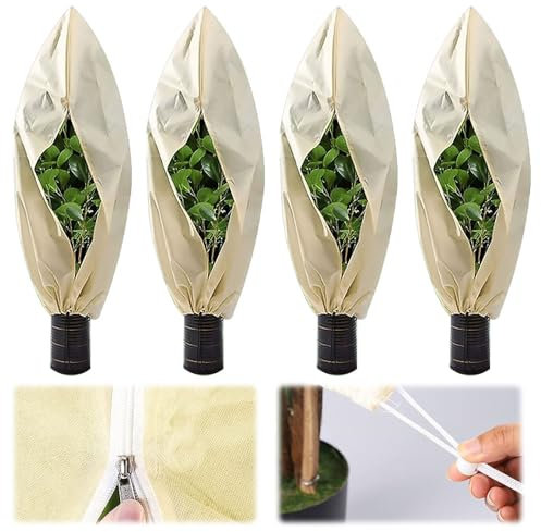 Vmxlso 4 Stück Winterschutz für Pflanzen, 80 x120 cm Pflanzenschutz Winter, 80g/m² Frostschutz Pflanzen mit Reißverschluss Zugband, Pflanzen Winterschutz Draußen für Palmen Olivenbaum Balkonpflanzen