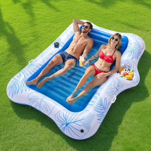 MoKo Pool Floats Adult, 84 x 58 Large Floating Bed with Ice Bar, Tanning Chair Inflatable Lounger with Drink Holder Pool Raft Tanning Bed Inflatable Pool Toys for Party Beach Backyard, Blue Leaf