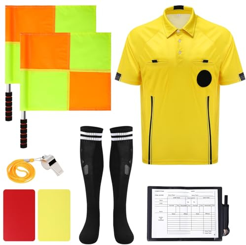 ZhouBoat Soccer Referee Kit, 6 Pcs Soccer Referee Shirt Jersey Umpire Uniform Football Linesman Flags Whistle Soccer Socks Referee Notebook Soccer Referee Costume for Adult Teenager, Yellow Large