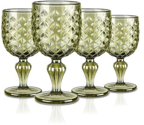 Joeyan 330ml Vert Verres à Vin Vintage,Lot de 4 Colorés Verre a Pieds Relief Géométrique,Design Baroque Rétro Gobelets Eau pour Rouge Blanc Boire Boissons Jus apero aperitif,Passe au Lave-Vaisselle