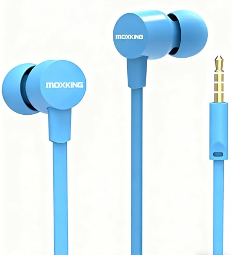 MOXKING Auriculares con Cable para niños y Mujeres, Cable Plano, micrófono y Control de Volumen, adecuados para Orejas pequeñas (Azul)