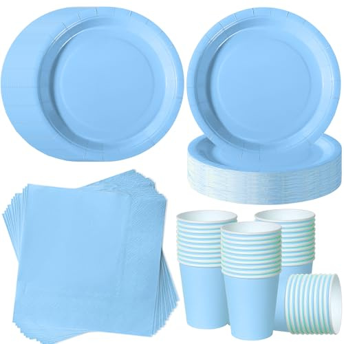ZblPyro Anniversaire Vaisselle de fête 120 Pièces Bleu Clair Classique Set Jetable pour 40 Invités - Assiettes 7, Gobelets, Serviettes en Papier pour Fête, Anniversaire, Mariage