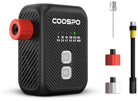 CooSpo Mini Pompa Elettrica per Bicicletta, max 120 PSI, diverse impostazioni predefinite disponibili, pompa ad aria con spegnimento automatico con valvole Presta/Schrader