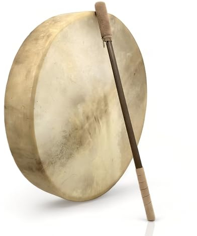 GMP Traditional Frame Drum/Bodhran with Handle, 15 Diameter | Natural Goatskin Head, Comes with Wood and Leather Mallet