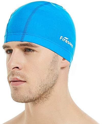 Lycra Badekappe, Firesara Lycra Schwimmkappe Anti-Tränen Beschichtet Gemütlich Kein Beleg für Männer Frau Lange Kurzes Haar Erwachsene Jungs Mädchen-Blau