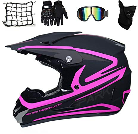 MRDEAR Cross Casco Motocross Donna con Occhiali Guanti Mascherina Rete Ragno Elastica Casco Integrale MTB Adulto Casco per Moto Bici Motard Offroad Enduro Downhill Sport, Nero e Rosa,XL