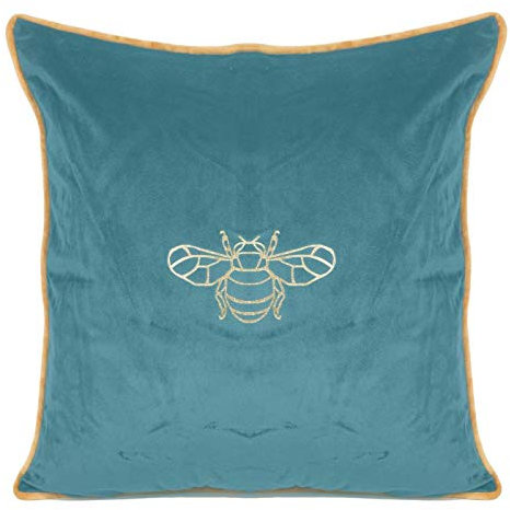 Eurofirany Elegante Kissenbezüge Dekokissen 45x45 Velvet Bezug Samt Kissenhülle Weiche Sofakissen Gold Silber Libelle Muster Biene Design Lotus (Butt1 dunkeltürkis+Gold)