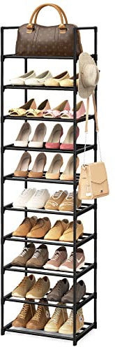 WEXCISE Narrow Shoe Rack 10 Tiers Tall Shoe Rack for Entryway Closet 20 24 Pairs Shoe & Boots Organizer Storage Shelf Durable Black Metal Stackable Shoe Cabinet with Hooks, 17.1D x 11.8W x 78.7H in