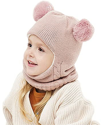 Scarf Woolen Earflap Hood Warm Skull Knit Caps Beanie Cap for Toddlers Baby Girls and Boys (Hat6-Pink)