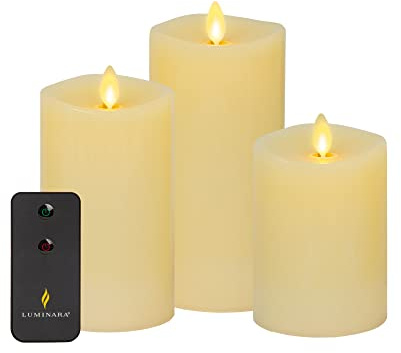Luminara Realistic Flameless LED Set of 3 Ivory Pillar Candles, Home Safe Moving Flame Melted Top Illumination, Battery Operated Remote Control w/Timer