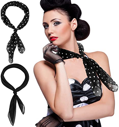 2 Pieces Square Chiffon Neck Scarf Polka Dot Style Chiffon Neck Scarf Bandana Tie Women 50s Chiffon Sheer Square Neck Head 50's Women Costume Retro Costume Fancy Dress Girl Cosplay 50s Party