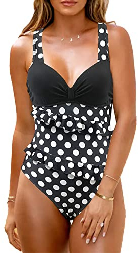JFAN Bañadores Mujer Trajes de Baño de Una Pieza Push Up Bikini Bandeau con Volantes Bañador Mujer Reductor Barriga Lunares XXL