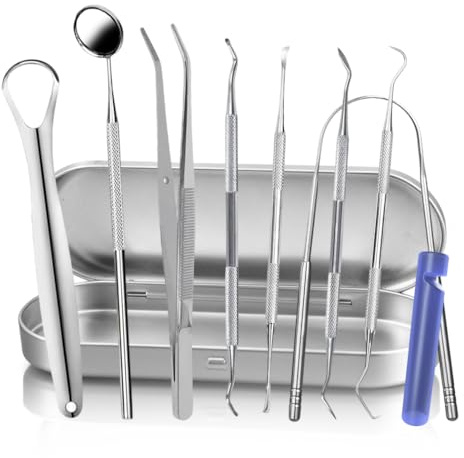 KOHEEL Dental Tools with Metal Case, Teeth Cleaning Tools Set, Remove Plaque, Oral Care Hygiene Kit with Tongue Scraper, Tartar Scraper, Gum Cleaner, Dental Probe and Dental Tweezer (1 Pack)
