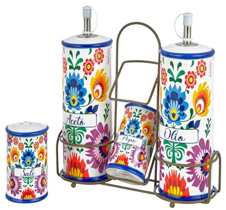 Baroni Home Menage Essigöl Salz Pfeffer aus Keramik mit Metallständer, bunt, strapazierfähig, Linie Flora, 21 x 8 x 22 cm