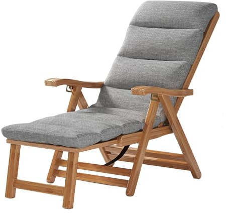 SCGSJZH Liegestuhl Outdoor Klappbar, Bambus Garten Sonnenliege, Holz Relaxsessel mit Dehnbarer Fußstütze Leisure Siesta Sessel für Terrasse Balkon mit Kissen (Holzfarbe)