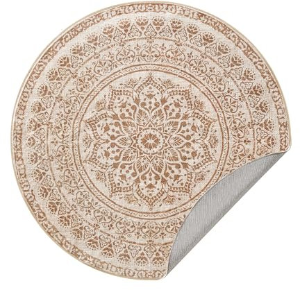 SONGMICS HOME Teppich rund, Outdoor Teppich, Boho, 120 cm d, waschbar, rutschfest, Floral Vintage, für Wohnzimmer, Esszimmer, Schlafzimmer, Optik, Garten, Terrasse, Balkon,cappuccinobeige TAR051K01
