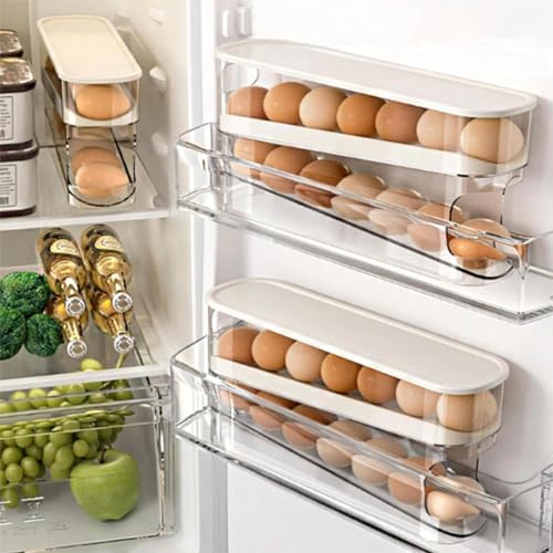 Caja de almacenamiento automática de huevos para refrigerador, 2024, dispensador de huevos de 2 niveles que ahorra espacio con tapa, para refrigerador, estante de huevos para el hogar, cocina,