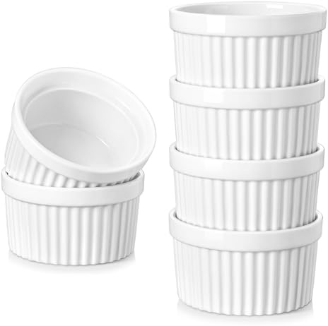 vancasso 8 oz Ramekins, Souffle Dishes Set of 6, White Porcelain Creme Brulee Ramekins, Baking Cups for Pudding, Fruits, Dips, Dishwasher and Oven Safe