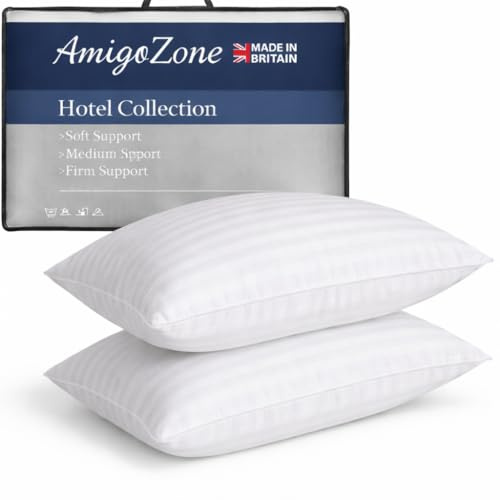 AmigoZone 2 Pack Hotel Quality Stripe Pillow - Bounce Back Pillow Cotton Blend With Virgin HollowFibre - Firm Support Anti Allergy Machine Washable - 48x74cm White Stripe - Pack of 2