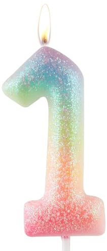 Vela colorida con purpurina para cumpleaños número 1, decoración de pastel para niñas y mujeres, decoración de fiesta temática colorida con purpurina, suministros de regalo de cumpleaños
