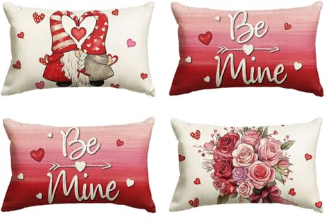 AVOIN colorlife Valentine's Day Hugs and Kisses Dwarf Throw Pillow Covers, 12 x 20 Inch Be Mine Rose Bouquet Anniversary Wedding Cushion Case Decoration for Sofa Couch Set of 4