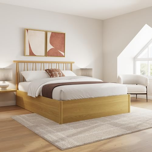 GFW Fusum Double Oak Ottoman Bed Frame, Rubberwood Storage Bed with Spindle Headboard and Gas Lift Ottoman Base