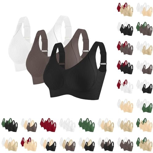 2/3 Pack Bras for Women Non Wired Seamless Wireless Push Up Bra Comfort Ribbed Plunge Bras Soft Support Full Coverage Everyday Bralettes with Adjustable Padded Regular and Plus Size