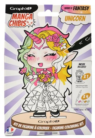 GRAPH'IT - Chibis - Kit Coloriage Figurine à Personnaliser - Unicorn - Loisir Créatif - Incluant : Figurine en Bois à Colorier et 4 Feutres Couleurs