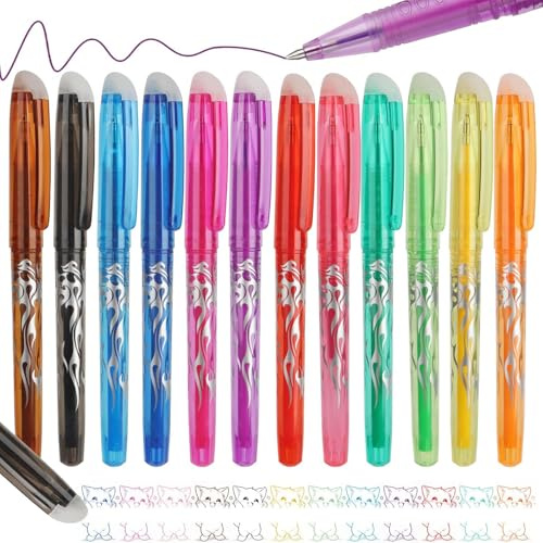 Omeblos Erasable Gel Pens, 0.7mm Rub Out Friction Pens with Eraser, 12Pcs Colorful Erasable Rollerball Pen for Adult Bullet Journal Note Taking Calendar Agenda Coloring