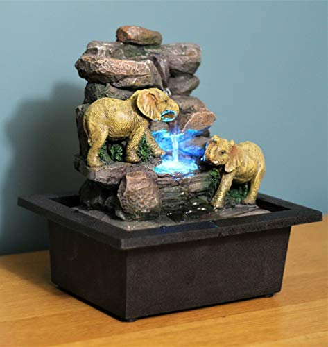 Tabletop Water Fountain, Meditation, Desktop, Indoor Waterfall Feature LED lights Office Decoration Relaxation Zen Chill Relaxed Mellow Gift Feng Shui Elephant 24cm High
