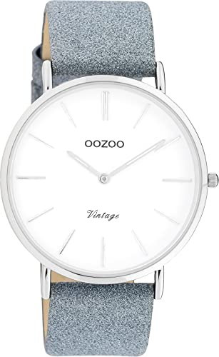 Oozoo Vintage Armbanduhr mit Glitzer Lederband 40 MM Silberfarben/Weiß/Blau C20147