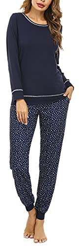 Litherday Pyjama Femme Hiver Vêtement de Nuit à Manches Longues Tenue de Nuit à Imprimé Étoiles Vêtement d'Intérieur Automne Hiver Bleu Marine L