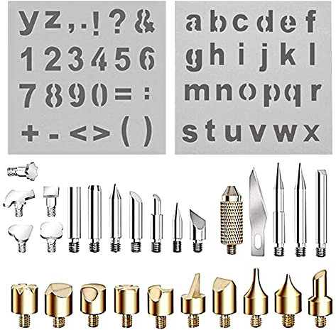 Ersatz der Lötkolbenspitze Brennstempel für Holz, Lötspitzen und Schablonen zum Prägen, Brennen Löten Tipps Schnitzwerkzeug Set, Holz und Leder Brandmalerei Full Set (28PCS)