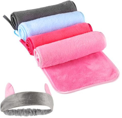 Lanjue 4 Pack Makeup Remover Cloth, Microfiber Face Cloth Makeup Remover Face Cloth Facial Cleaning Wipes with Cat Ears Headband, Reusable, Pink