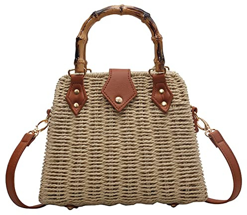 Orgonite Straw Tote Bag Woven Handbag Rattan Wicker Shoulder Crossbody Bag Imitation Bamboo Handle for Women Summer Beach, Beige